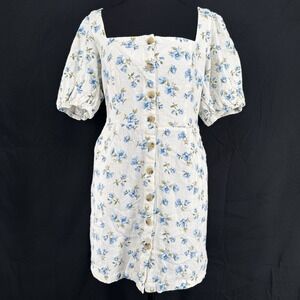 Floral Cottage Milkmaid Dress L Coquette Prairie Linen Puff Sleeve Button Front